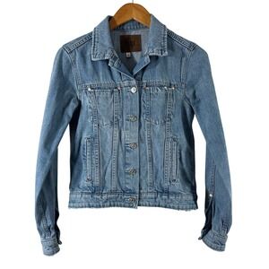 PAIGE Denim Jacket Women XS Light Wash Raw Hem Cotton Lyocell Trucker Distressed